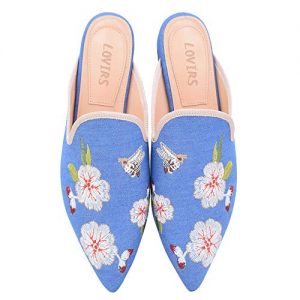 LOVIRS Women's Denim Velvet Backless Slip On Loafers Flats