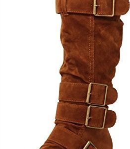 ambridge Select Women's Buckle Sweater Knee-High Boots in tan, featuring a cozy sweater-knit cuff, adjustable buckled straps, and a stylish slouch shaft