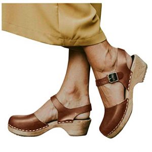LAICIGO Women's Clog Heeled Sandals with Adjustable Ankle Strap, Closed Toe Design, and Low Chunky Heel in Black/Brown.