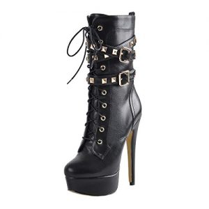 Women's Mid-Calf Platform Boots with lace-up design, rivet detailing, faux fur lining, and high heel, perfect for winter and casual outings.