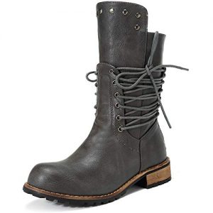 Mostrin Mid Calf Leather Boots for Women Fashion Chunky Low Heel