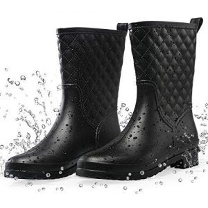 Petrass Women Rain Boots Black Waterproof Mid Calf Lightweight Cute Booties