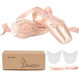 Soudittur Girls Womens Ballet Pointe Shoes Satin Professional Dance Shoes Pink Ballet Flats with Pre-Sewn Ribbons Toe Pads in Size 10 M US