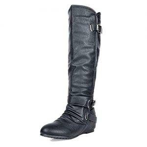 DREAM PAIRS Women's New-Akris Black Pu Knee High Hidden Wedge