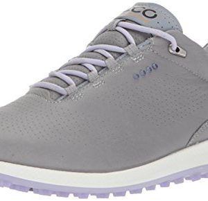ECCO Women's Biom Hybrid 2 Perforated Golf Shoe in Wild Dove/Crocus, featuring weather-resistant yak leather, tour-proven traction, and anatomical support