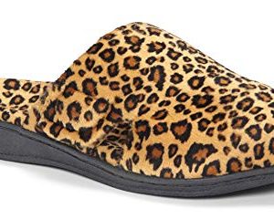A pair of Vionic Gemma Slippers in Tan Leopard, featuring a soft textile upper, adjustable closure, and supportive EVA footbed for luxurious comfort.