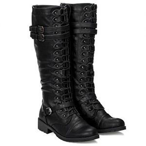ILLUDE Womens Knee High Lace Up Buckle Military Combat Boots (8, Black)