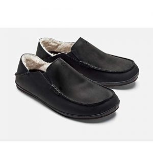 OluKai Moloa Slipper - Men's Nubuck/Shearling House Shoes Onyx/Onyx