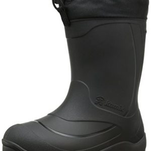 Kamik Snobuster1 Kids’ Black Snow Boots with waterproof shell, thermal liner, and adjustable snow collar, ideal for winter adventures.