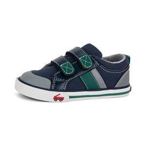 See Kai Run Russell Sneakers for Kids in Navy/Green, featuring breathable canvas upper, Velcro straps, and slip-resistant rubber outsole
