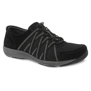 Close-up of the Dansko Women's Honor Black Comfort Shoes with a sleek design, showcasing the elasticized bands and memory foam footbed for ultimate comfort.