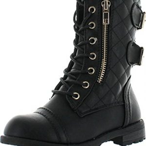 JJF Shoes Mango-79 Kids Black Combat Lace Up Quilted Dual Buckle Zip Decor