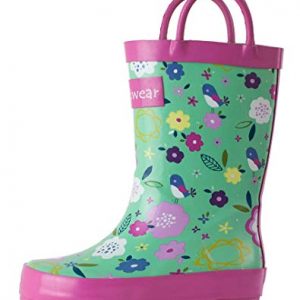 OAKI Kids Rubber Rain Boots with Easy-On Handles, Green Floral