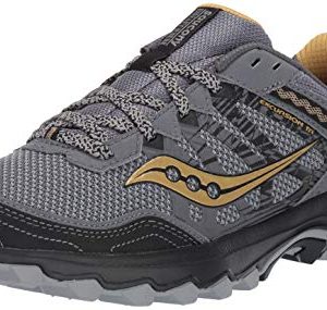 Saucony Men's Grid Excursion TR12 Trail Running Shoe in silver, showcasing a rugged outsole with triangular lugs, breathable mesh upper, and Grid cushioning technology.