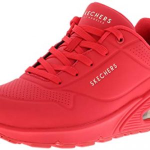 Skechers Women's Uno-Stand on Air Sneaker in Red, featuring classic air-cushioned design with leather-textured synthetic upper, removable Air-Cooled Memory Foam footbed, and durable rubber outsole