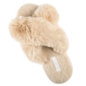 HALLUCI Women's Cross Band Soft Plush Indoor or Outdoor Slippers