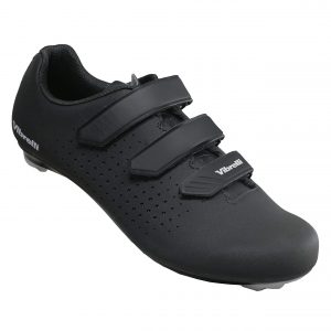 Sleek black Vibrelli Men’s Cycling Shoes with adjustable straps, breathable perforations, and dual cleat compatibility for all cycling styles