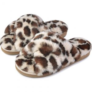 Cross Band Leopard Soft Plush Furry Fleece Slippers Slip